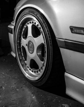 Lindesnes, Norway - december 25 2007: Low profile front wheel of a BMW M3 E36..