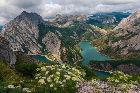 Escena del embalse de Ria&ntilde;o en primavera con los montes leoneses al fondo