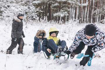 Fototapeta na wymiar Father and sons sledding and having fun together winter forest. Happy children and young man playing in snow. Teenager boys, cute toddler walking on frosty day. Wintertime activity outdoors