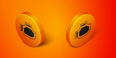 Isometric Check engine icon isolated on orange background. Orange circle button. Vector