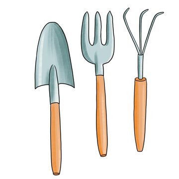 drawinggarden tools isolated at white background, hand drawn iillustration