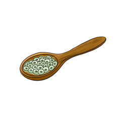 wooden spoon with chia seeds isolated at white background, hand drawn illustration