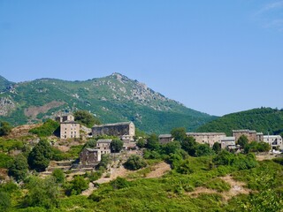 Panoramic view of Campi, a dreamy mountain village nestled in the mountains of Castagniccia. Corsica, France.