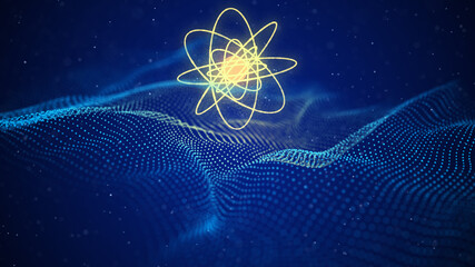 A glowing atom molecule above a wave of particles. Visualization of big data. Science and technology. Futuristic dark background with moving particles. 3d rendering