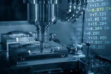 The abstract scene CNC milling machine cutting  the mold and die parts and G-code data background.