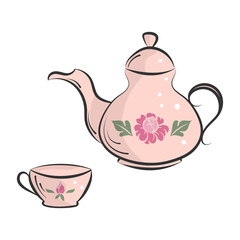 Tea time vector isolated elements. Tea pot, cup colored icons. Hand drawn ink brush line, sketch doodle style. White background