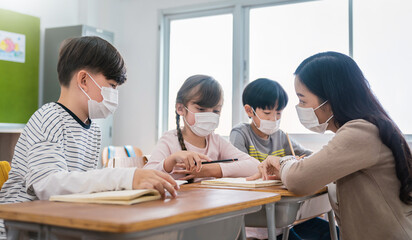 Portrait of international caucasian and asian students teacher wearing face mask in group study, self-protect from corona virus after lockdown. New normal, back to school concept