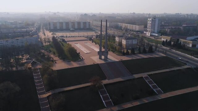 Vitebsk, Belarus, 2019. Monument Three bayonets devoted to heroes of World War 2 and Great Patriotic War. Aerial view, drone footage