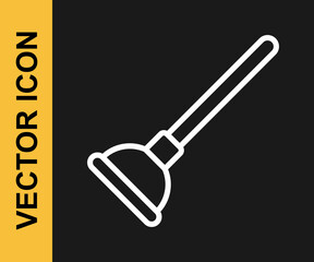 White line Rubber plunger with wooden handle for pipe cleaning icon isolated on black background. Toilet plunger. Vector
