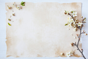 Background with blooming spring branch of cherry plum, paper for text congratulations