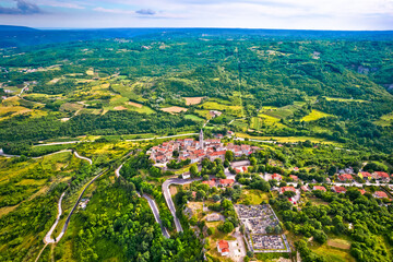 Fototapeta na wymiar Green Istria landscape and Town of Pican on picturesque hill aerial view