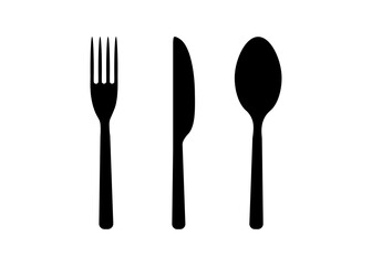 Fork, spoon, knife, plate, cup. Set of cutlery icons, kitchen utensils for reception, record table setting. Logo for cafes, restaurants. Vector flat illustration.
