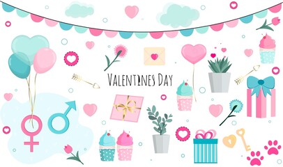 
A set of romantic elements for Valentine's Day: heart, gifts, garland, balloons, cupcakes, key, lock, flowers, letter, Vector illustration.