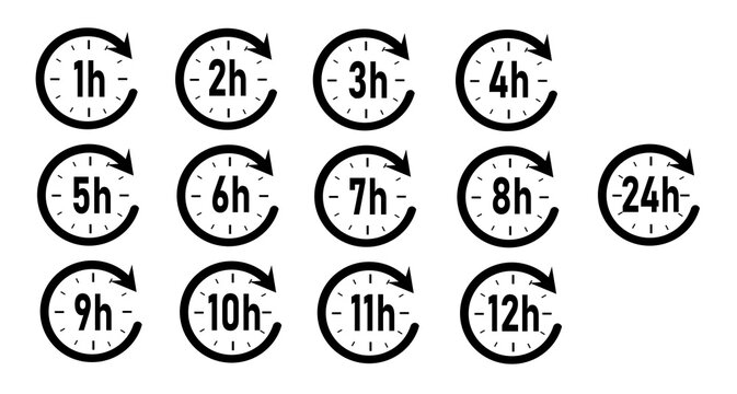 Clock arrow icons set 1, 2, 3, 4, 5, 6, 7, 8, 9, 10, 11 12, 24 hours.
Countdown time.
Delivery service, service time. Vector illustration.