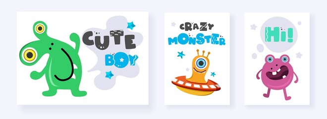 Funny Space Monster. Cute Alien, Planets, Rockets, UFOs. Postcards cards isolated on a white background. For souvenirs, textiles, office supplies. Vector illustration.