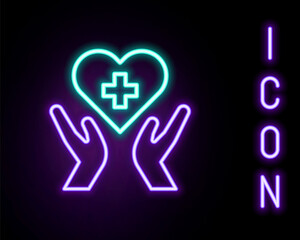 Glowing neon line Heart with a cross icon isolated on black background. First aid. Healthcare, medical and pharmacy sign. Colorful outline concept. Vector