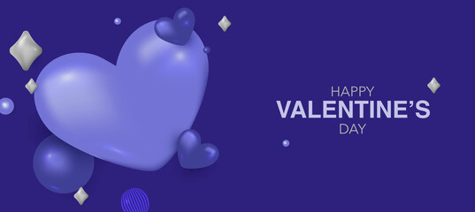 Happy Valentines day template with hearts and highlights. Banner for the holiday with hearts and highlights in Very Peri color. The layout of the holiday. Vector image in three-dimensional