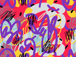 Seamless abstract doodle background pattern in bright summer positive colors. Hand-drawn abstract pattern with randomly arranged spots and dots and lines. Pencil and paint texture.