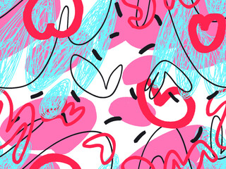 Seamless abstract doodle background pattern in bright summer positive colors. Hand-drawn abstract pattern with randomly arranged spots and dots and lines. Pencil and paint texture.