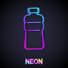 Glowing neon line Bottle of water icon isolated on black background. Soda aqua drink sign. Vector