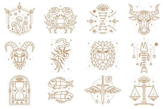 Esoteric and zodiacal symbols. Vector illustration. Outline icon for alchemy, sacred geometry. Mystic or magic design with zodiac sign.