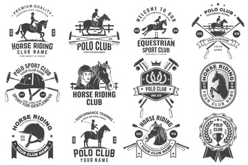 Set of polo club and horse riding club patch, emblem, logo. Vector illustration. Templates for polo club and horse riding sports club. Vintage monochrome label with equestrian, rider, helmet and horse