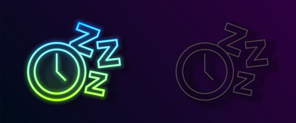 Glowing neon line Alarm clock icon isolated on black background. Wake up, get up concept. Time sign. Vector