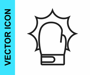 Black line Punch in boxing gloves icon isolated on white background. Boxing gloves hitting together with explosive. Vector
