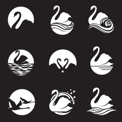 collection of white swan icon isolated on black background © Alexkava