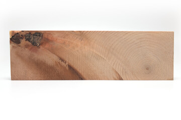 Closeup rectangular piece pine wood white background