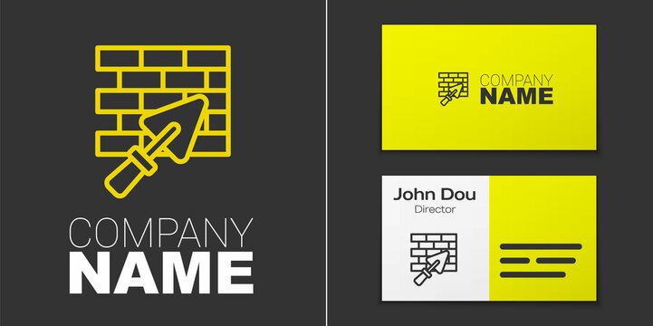 Logotype line Brick wall with trowel icon isolated on grey background. Logo design template element. Vector