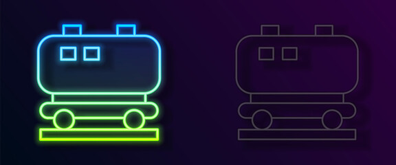 Glowing neon line Oil railway cistern icon isolated on black background. Train oil tank on railway car. Rail freight. Oil industry. Vector