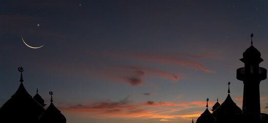 Silhouette dome mosques crescent moon on dusk sky symbol of Islamic religion with Ramadan Kareem...