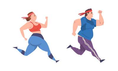 Overweight Man and Woman Character Running and Jogging Vector Set