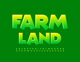 Vector green emblem Farm Land with glossy creative Font. Unique Alphabet Letters and Numbers set