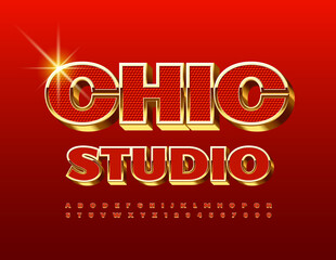 Vector luxury emblem Chic Studio. 3D Red and Gold Font. Premium Alphabet Letters and Numbers set