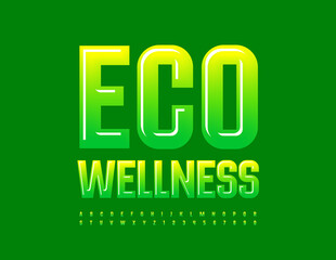 Vector bright sign Eco Wellness. Green gradient Alphabet Letters and Numbers set. Shiny modern Font