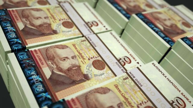 Bulgaria leva money pack loop 3d animation. Loopable seamless concept of finance, cash, economy, business and bank. Camera moving over the 50 BGN banknote bundle stacks.