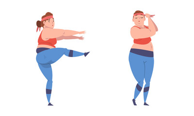 Overweight Woman Character Training in Gym Vector Set