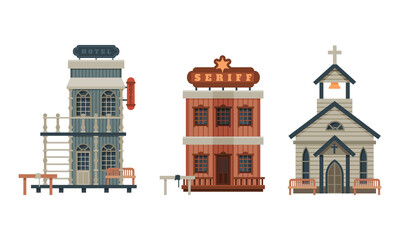 Western Style Building and Wild West Architectural Construction Vector Set