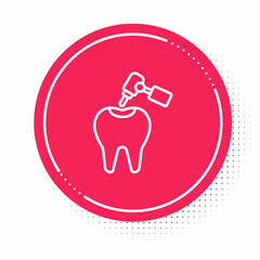 White line Tooth with caries and tooth drill icon isolated on white background. Tooth decay. Red circle button. Vector