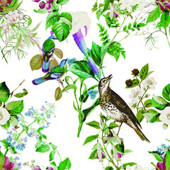 A beautiful and stunning repeated pattern of florals and birds free download perfect for fabrics, t-shirts, mugs, packaging etc