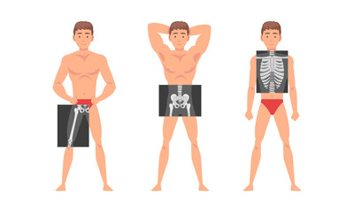 Young Man Standing in Undershorts with His Skeleton X-ray Vector Set