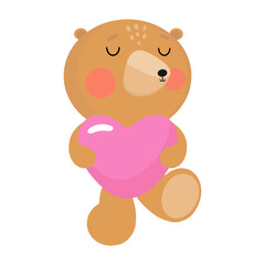 Funny Teddy Bear Cartoon with Pink Heart. For greeting card, posters, banners, children books, printing on the pack, printing on clothes, wallpaper, textile or dishes.