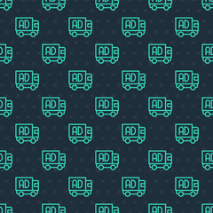 Green line Advertising on truck icon isolated seamless pattern on blue background. Concept of marketing and promotion process. Responsive ads. Social media advertising. Vector