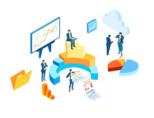 Isometric 3D business concept environment, Creative team working together, developing project, reading graphs, analysing data.	
