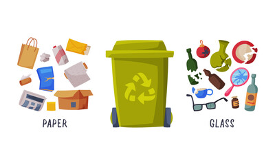 Sorting Garbage with Dustbin and Recycle Trash Object Vector Set