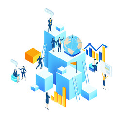 Isometric 3D business concept environment, Creative team working together, developing project, reading graphs, analysing data.	
