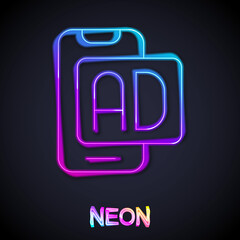 Glowing neon line Advertising icon isolated on black background. Concept of marketing and promotion process. Responsive ads. Social media advertising. Vector