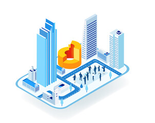 Business, banking, investments in the City. Isometric 3D business concept environment, Creative team working together, developing project. Business, finance, logistics concept.